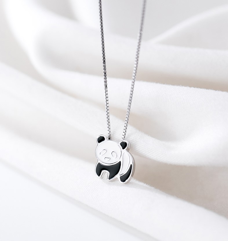 Sølv halskæde panda emalje